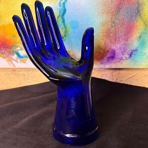 Vintage Cobalt Blue Art Glass Hand MCM Holder Jewelry Ring Figurine 8” Sculpture